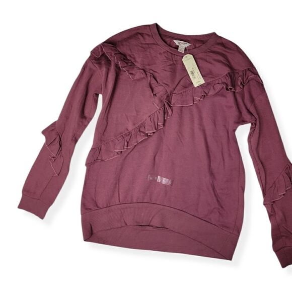 Arizona Jeans womans crew neck sweater with ruffles in Mulberry XS NWT - Picture 1 of 2